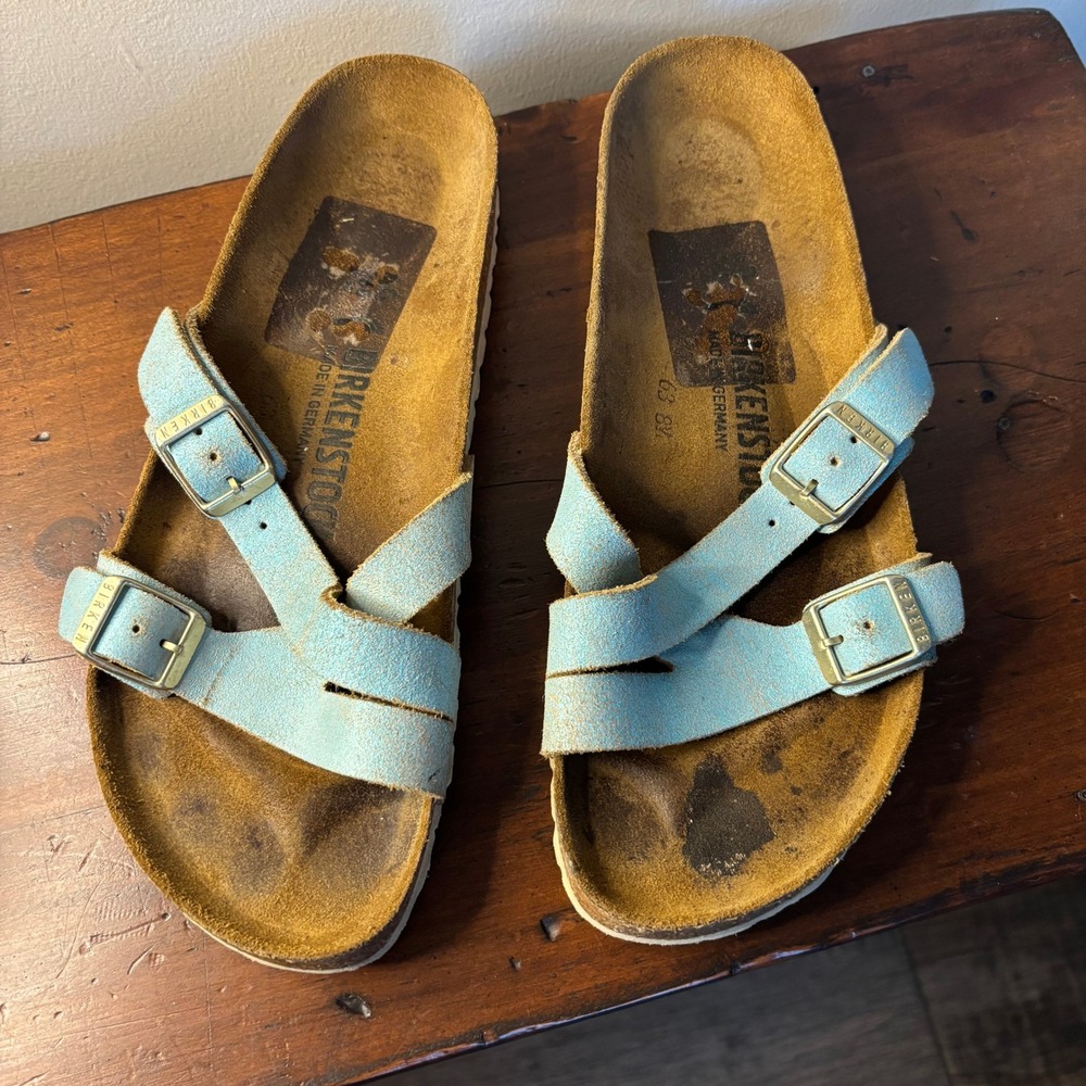 Birkenstock Salina Light Blue Metallic‎ Suede Sandals Womens 40 Regular Fit Boho